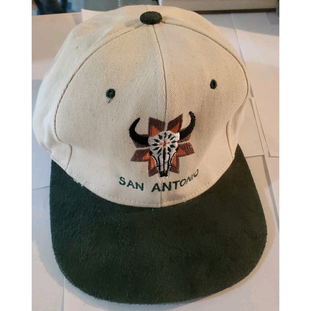 Vintage 90s San Antonio Texas Cowboy Black Suede Green Brim Strapback Hat